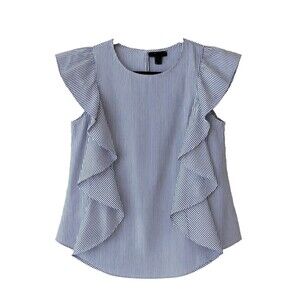 77% Cotton Ann Taylor LOFT Women's XS Blue Striped Blouse Ruffle Accent Classic